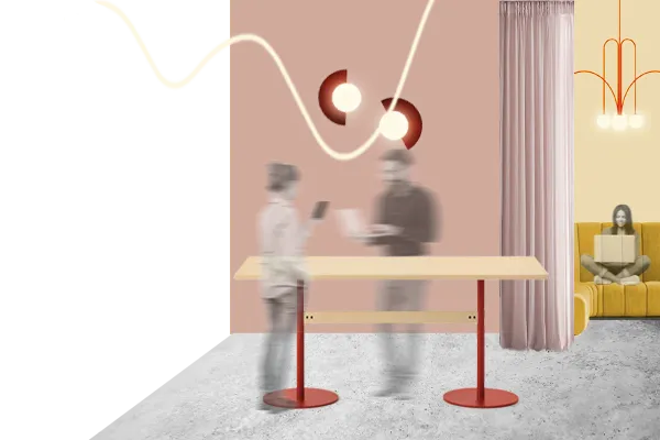 Collage eines Innenraums mit Personen, Tisch, Leuchten und grafischen Elementen.