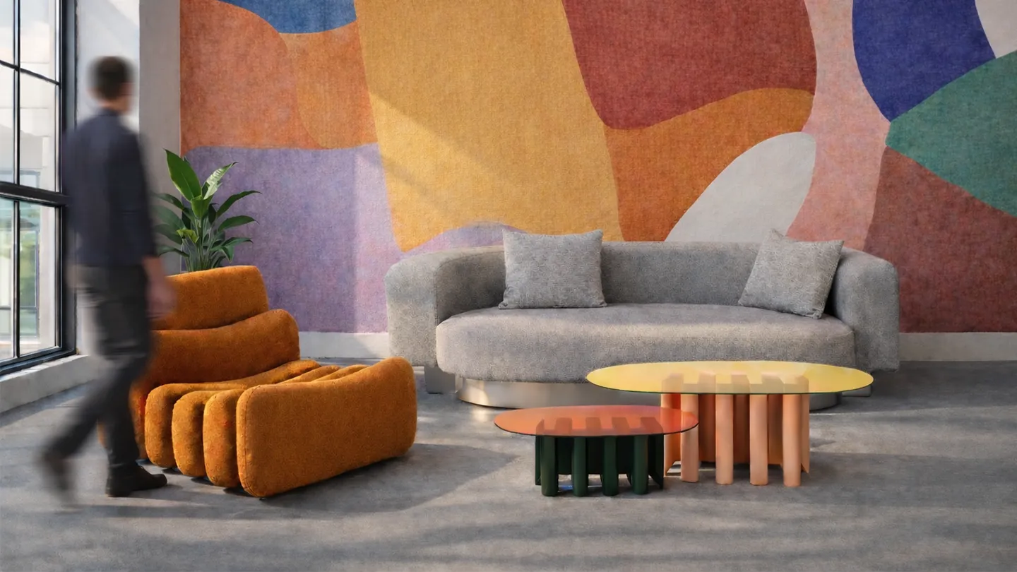 Loungebereich mit Sofa, farbiger Wandgestaltung, Sesseln und Beistelltischen.