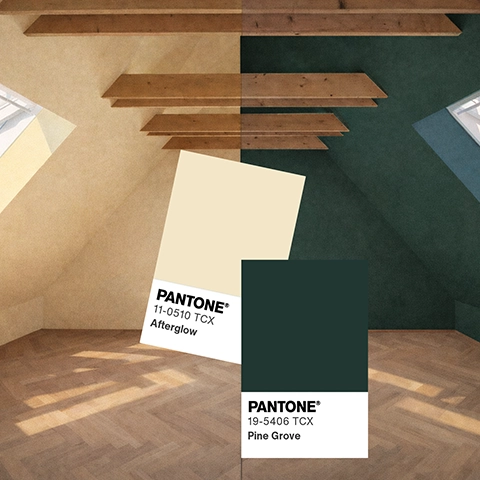 Dachraum mit zweigeteiltem Farbkonzept und eingeblendeten Pantone-Farbkarten.