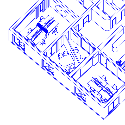 Isometrische Darstellung eines Bürogrundrisses mit Arbeits- und Besprechungsräumen.