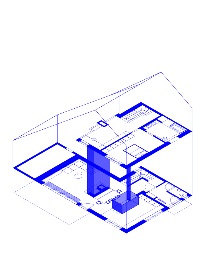 Axonometrische Darstellung eines Raumkonzepts im Bestand.