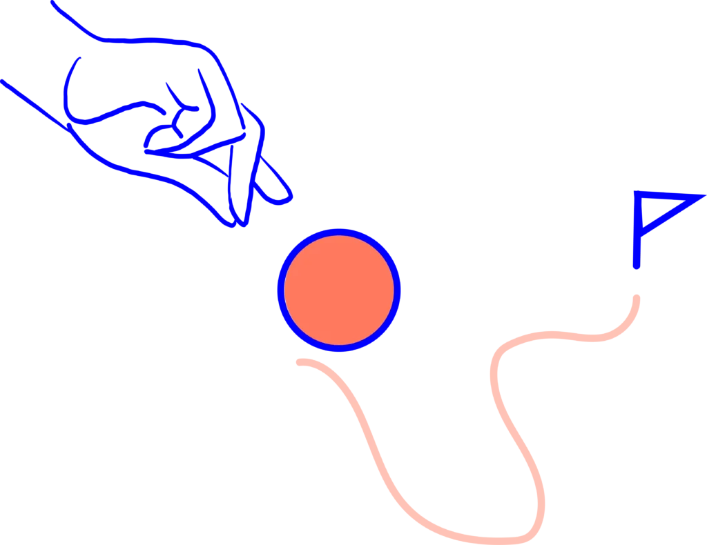 Abstrakte Illustration mit Hand, Kreis, geschwungener Linie und Pfeilsymbol.